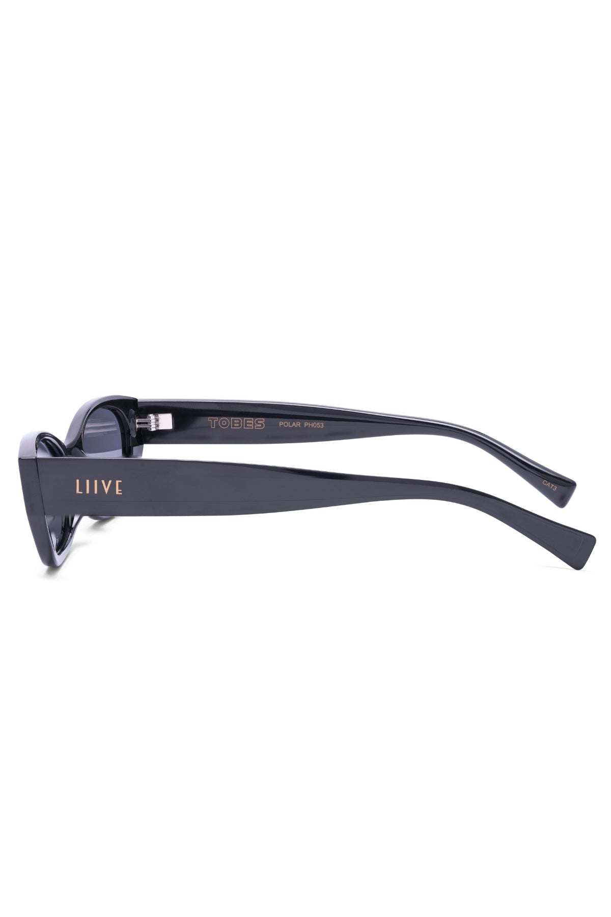 These black polycarbonate sunglasses feature thick arms with "LIIVE" in gold on the side. Inside, they read "TOBES" and indicate "POLARIZED," offering UV protection for your eyes.