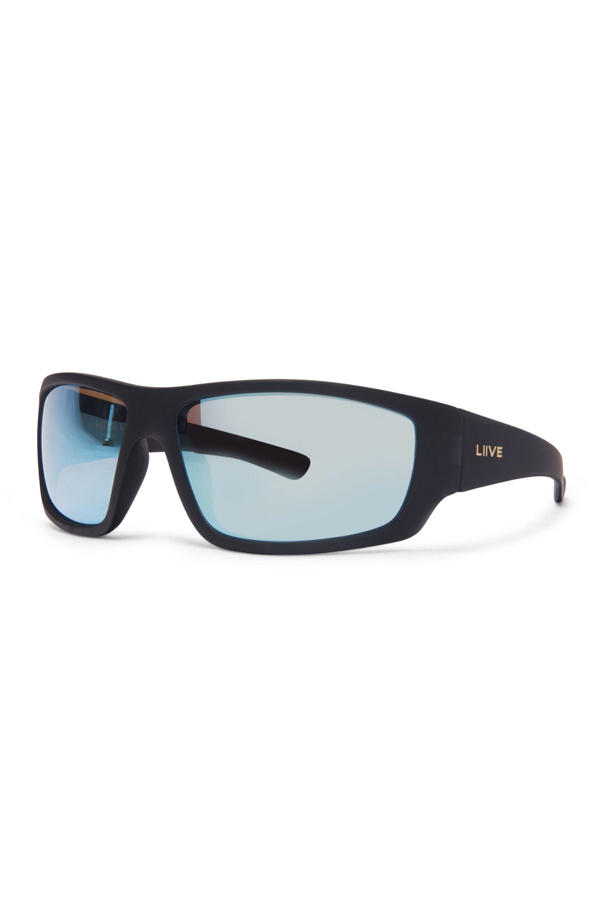 Liive X Padang X Mirror Polar Sunglasses: Matte black wraparound frames with blue-tinted, polarized polycarbonate lenses and "Liive" in gold on the left temple. Stylish UV protection, shown on a white background.