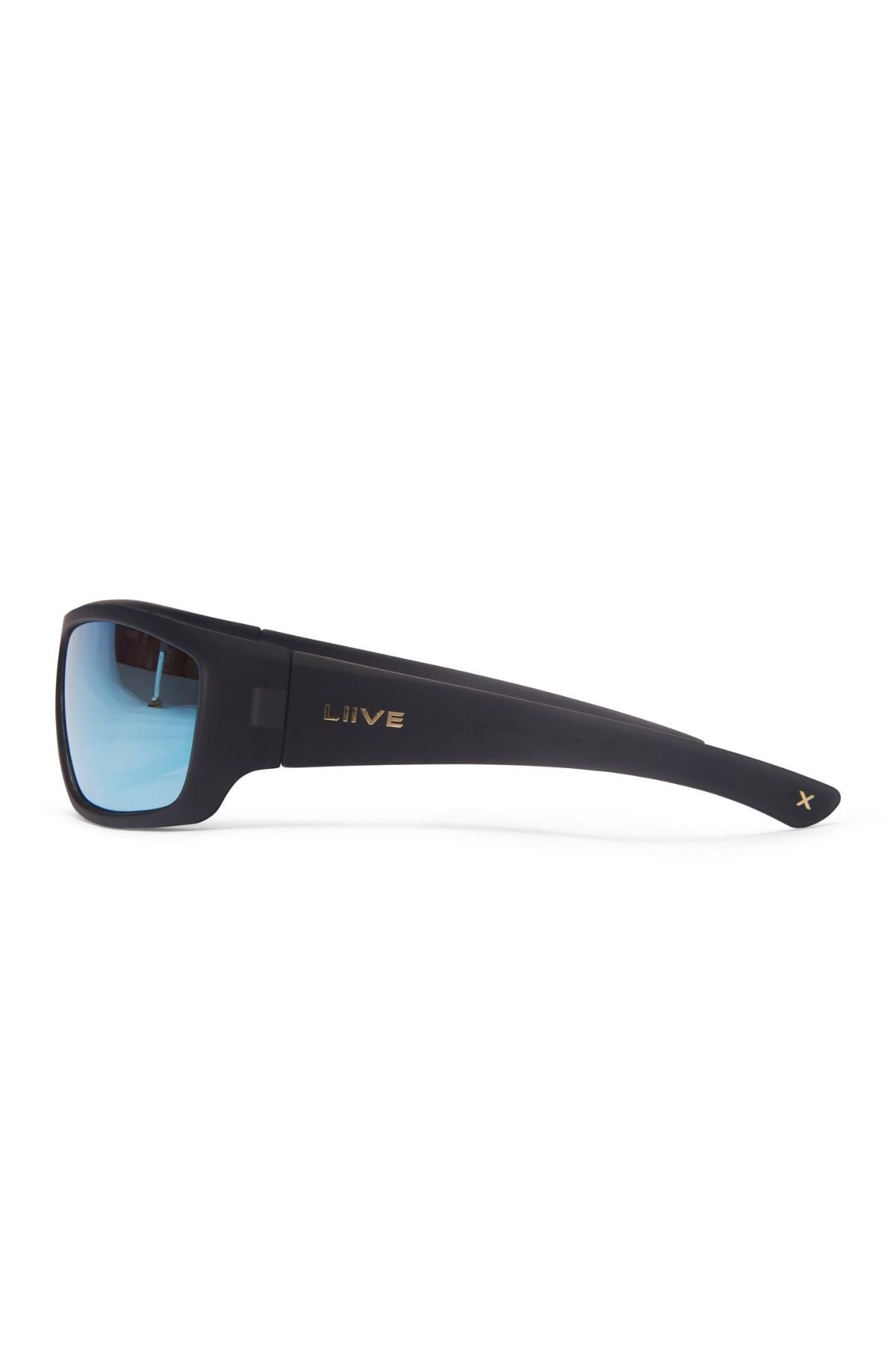 The Liive X Padang X Mirror Polar Sunglasses feature black frames with blue-tinted polycarbonate lenses, gold "LIVE" lettering, a small gold "X" on the arm, and provide excellent UV protection.