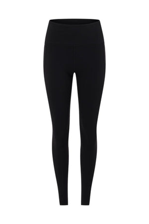 Lorna Jane Amy Phone Pocket Full Length Tech Leggings in black displayed on a white background. High-waisted, full-length, smooth and fitted design made from moisture-wicking fabric. No visible logos or patterns.