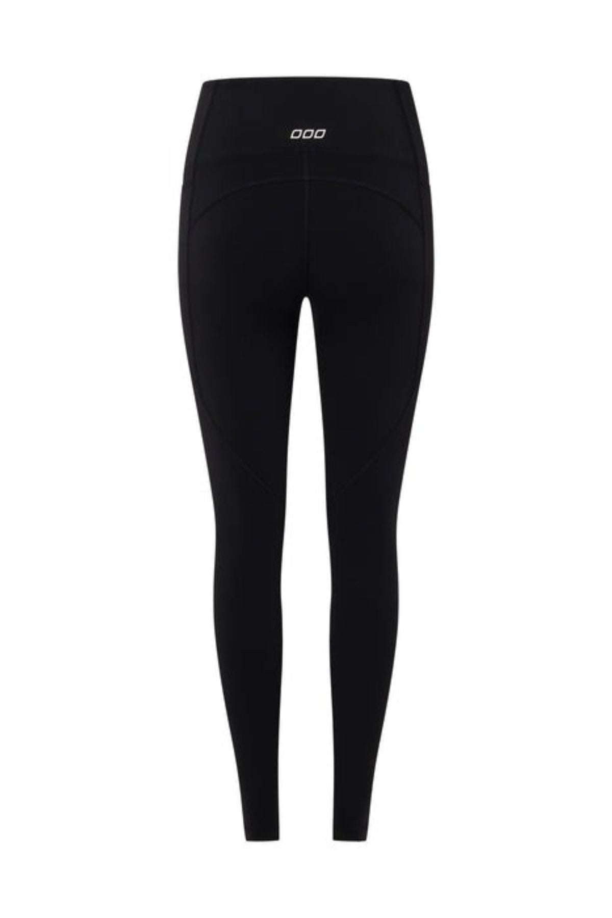 Back view of Lorna Jane Amy Phone Pocket Full Length Tech Leggings in black, featuring a high rise fit, small white logo by the waistband, and moisture-wicking fabric, shown on a plain white background.