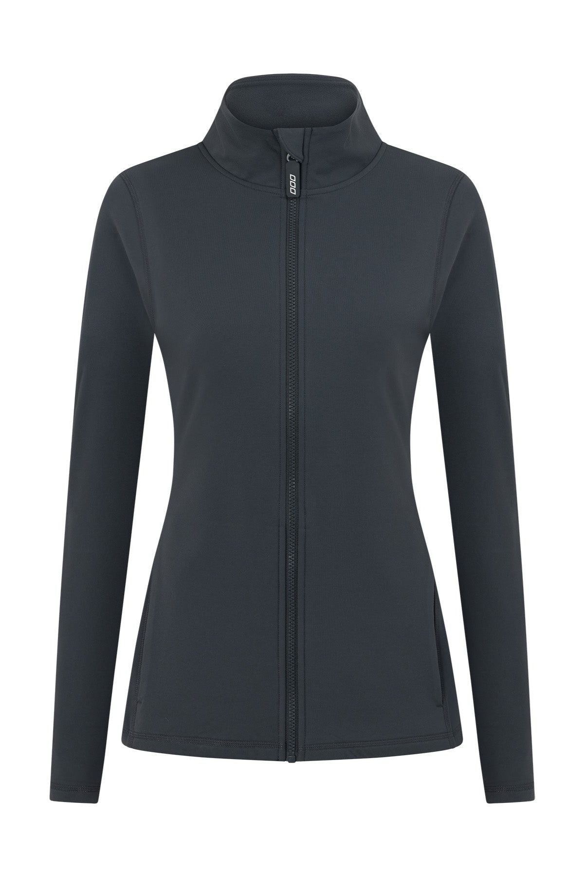 The Lorna Jane Amy Thermal Active Zip Through Jacket is a black, long-sleeved women’s jacket featuring a high collar, slim fit, and two front pockets. This full-zip thermal jacket is shown on a plain white background.