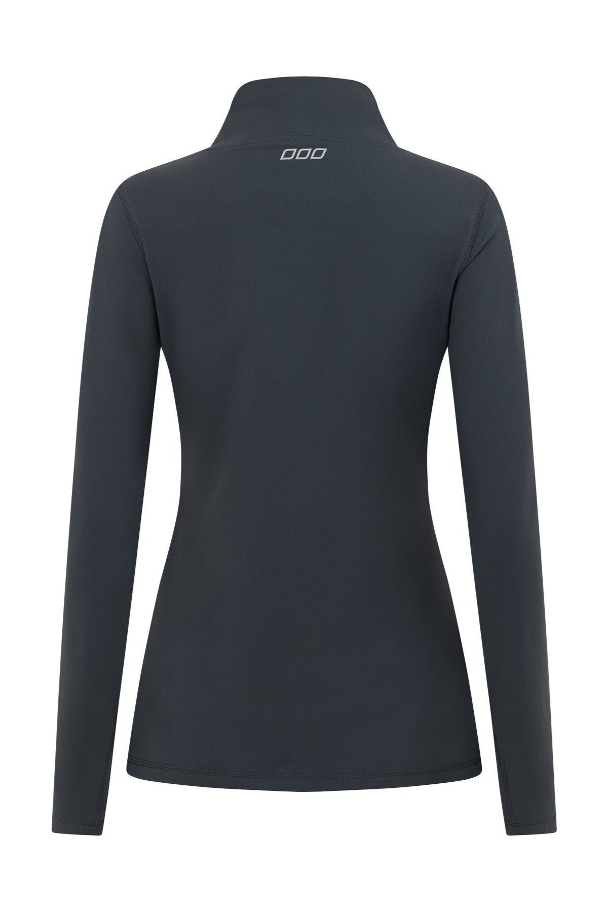 Back view of the Lorna Jane Amy Thermal Active Zip Through Jacket—a fitted, long-sleeve dark gray thermal jacket featuring a high collar and a small white logo at the top center below the collar, designed for active wear.