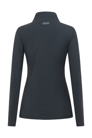 Back view of the Lorna Jane Amy Thermal Active Zip Through Jacket—a fitted, long-sleeve dark gray thermal jacket featuring a high collar and a small white logo at the top center below the collar, designed for active wear.