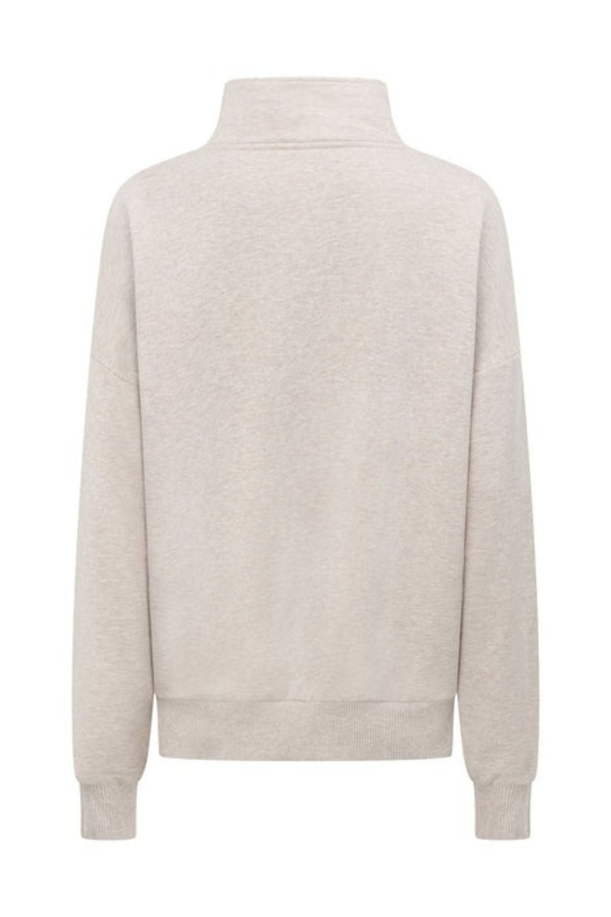 The Lorna Jane LJC Heritage Quarter Zip Sweat in light beige is shown from the back, with a high collar, ribbed cuffs and hem. Made from soft cotton terry fabric, it features a simple design with no visible logos or patterns.