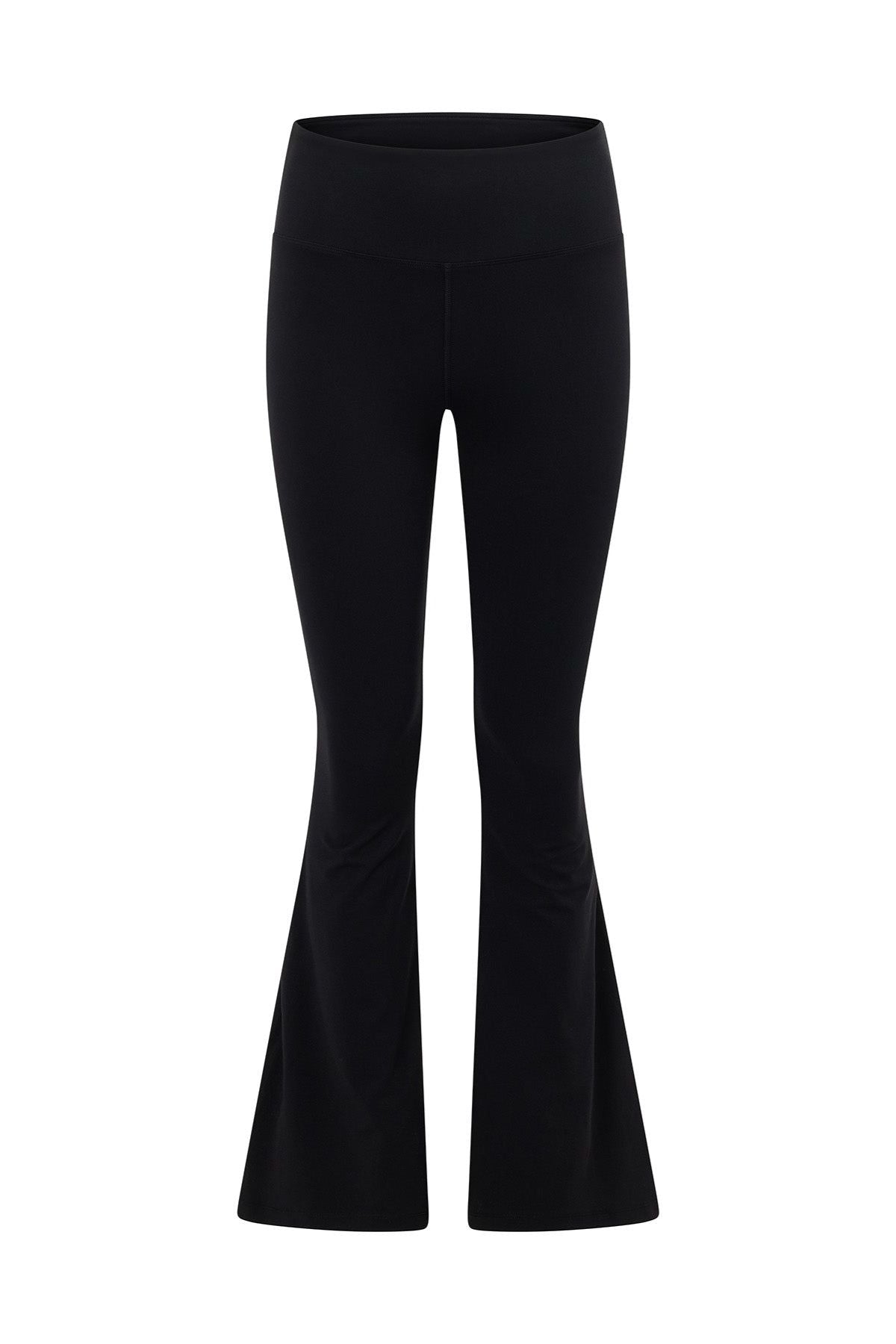 The Lorna Jane Lotus Flared Legging is a black, high-waisted pant with a fitted thigh and flared legs, shown on a white background. It features a high-rise waistband and offers excellent moisture management for all-day comfort.
