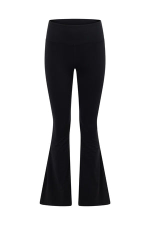 The Lorna Jane Lotus Flared Legging is a black, high-waisted pant with a fitted thigh and flared legs, shown on a white background. It features a high-rise waistband and offers excellent moisture management for all-day comfort.