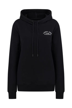The Lorna Jane Lotus Hoodie is a black, lightweight hoodie made from a soft cotton blend. It features a drawstring hood, ribbed cuffs and hem, and a small white "Lorna Jane Athletic" logo on the left chest for timeless comfort and style.