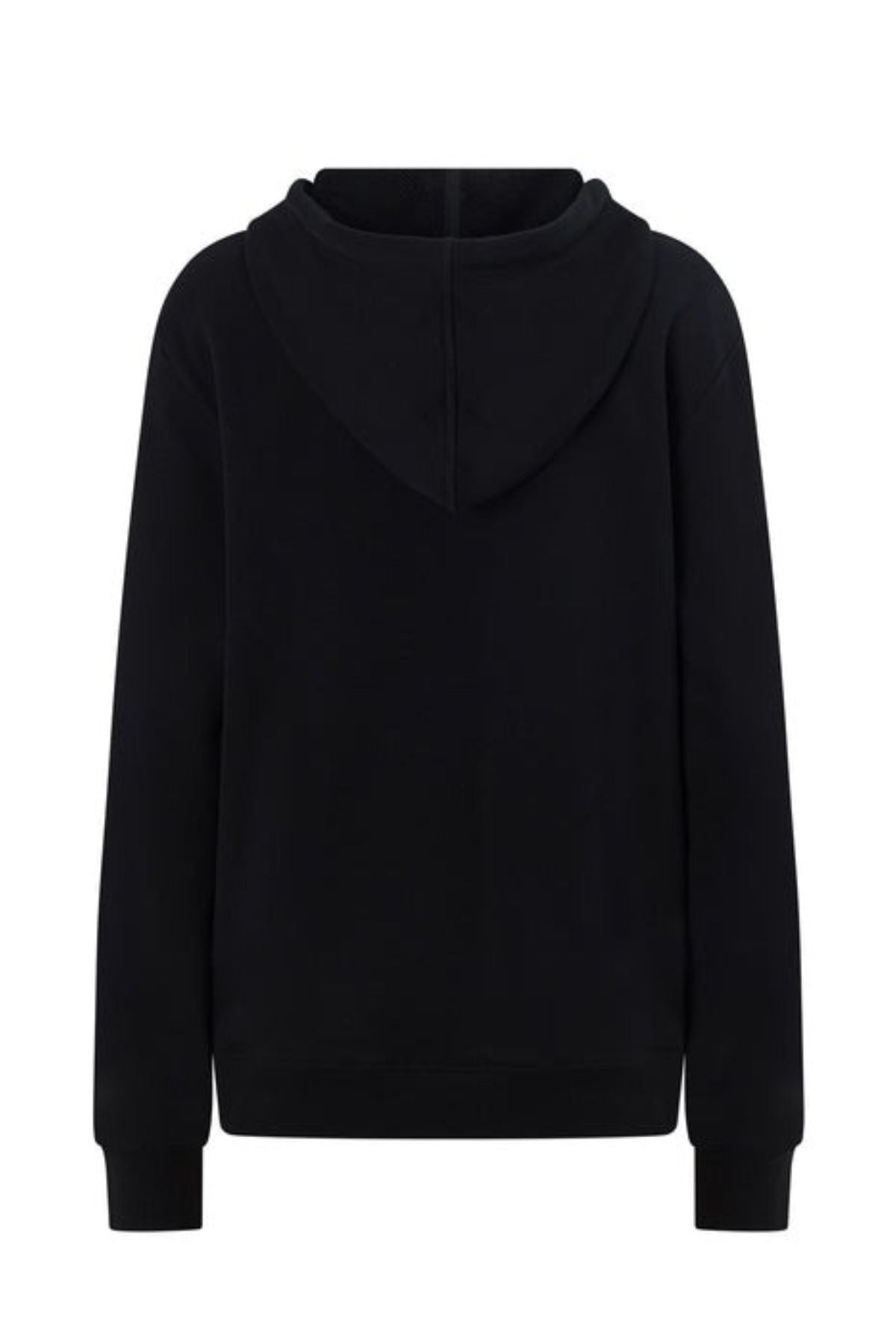 The Lorna Jane Lotus Hoodie is a plain black hoodie shown from the back, featuring long sleeves, ribbed cuffs and hem, and crafted from a breathable cotton blend for comfort.