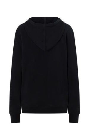 The Lorna Jane Lotus Hoodie is a plain black hoodie shown from the back, featuring long sleeves, ribbed cuffs and hem, and crafted from a breathable cotton blend for comfort.