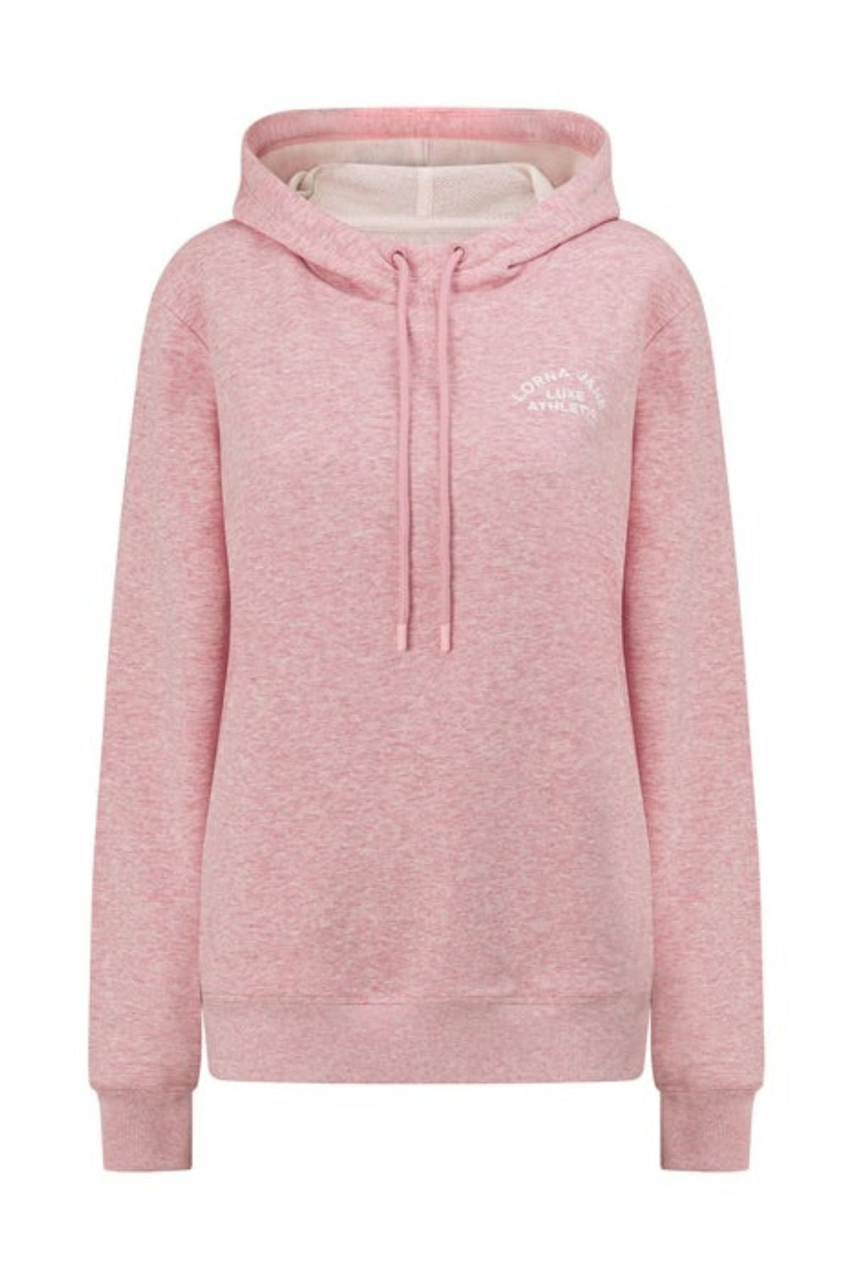 Light pink heathered Lorna Jane Lotus Hoodie in a relaxed fit, crafted from cotton blend terry with drawstrings, front pocket, ribbed cuffs and hem, and small white chest text. Displayed against a white background.