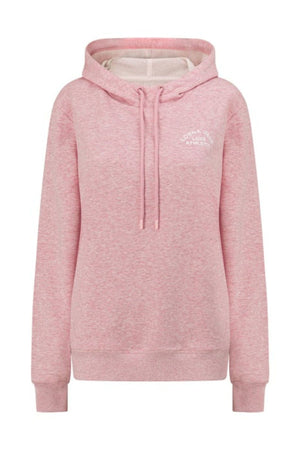 Light pink heathered Lorna Jane Lotus Hoodie in a relaxed fit, crafted from cotton blend terry with drawstrings, front pocket, ribbed cuffs and hem, and small white chest text. Displayed against a white background.