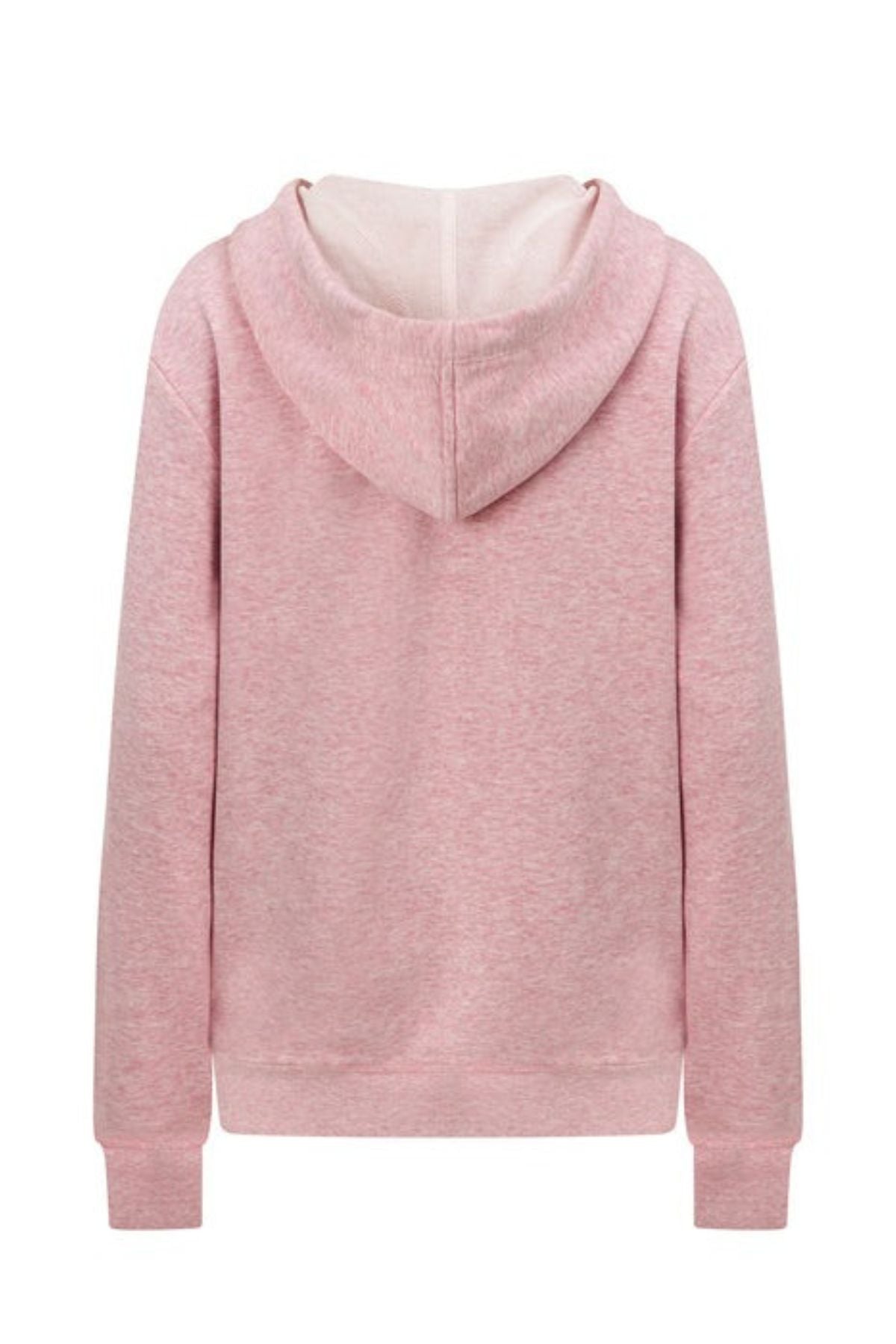 The Lorna Jane Lotus Hoodie in light pink features a relaxed fit, hood, ribbed cuffs and hem, long sleeves, and soft cotton blend terry fabric with a slightly heathered look. Shown from the back.