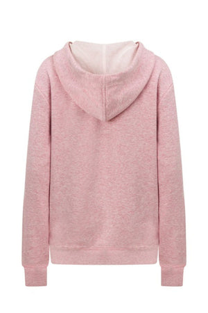 The Lorna Jane Lotus Hoodie in light pink features a relaxed fit, hood, ribbed cuffs and hem, long sleeves, and soft cotton blend terry fabric with a slightly heathered look. Shown from the back.