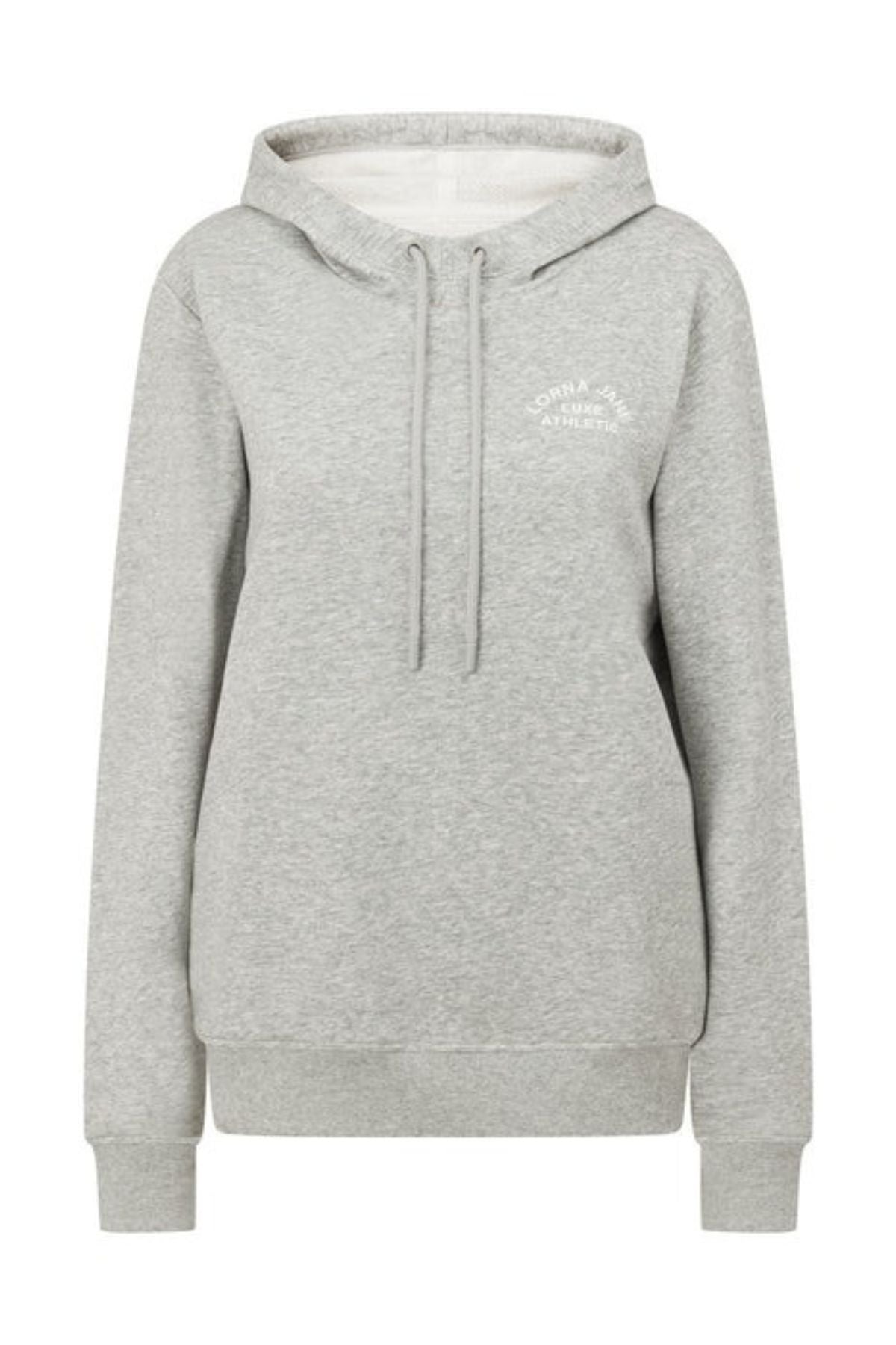The Lorna Jane Lotus Hoodie is a light gray cotton-blend sweatshirt with drawstrings, long sleeves, ribbed hem and cuffs, breathable fabric, and a small white "Born A Star Athletics" logo on the left chest.