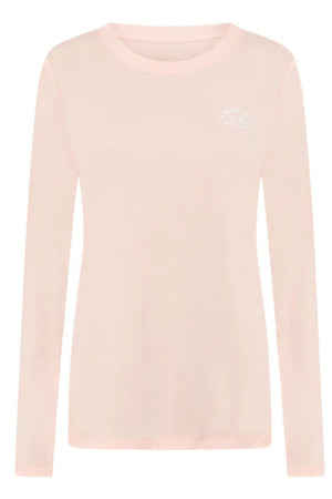 The Lorna Jane Lotus Long Sleeve Top in light pink features a subtle heritage logo on the left chest. This fitted crew neck is perfect for lightweight layering and everyday comfort.