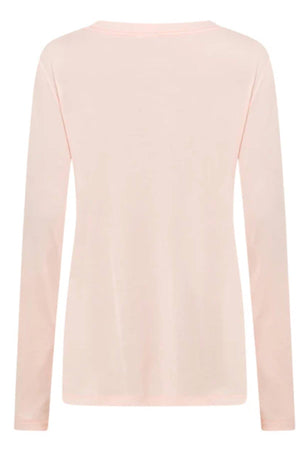 The Lorna Jane Lotus Long Sleeve Top in light pink is shown from the back against a white background. This plain shirt features a simple, unadorned design that's perfect for lightweight layering.