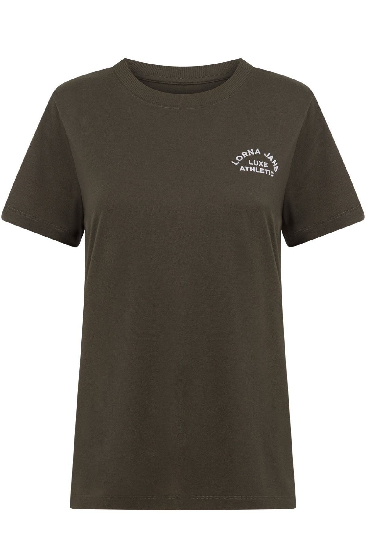 The Lorna Jane Lotus T-Shirt is a dark olive green women's crew neck with short sleeves and a small white "Lorna Jane Luxe Athletic" logo on the left chest. Ideal for an active lifestyle and everyday comfort.