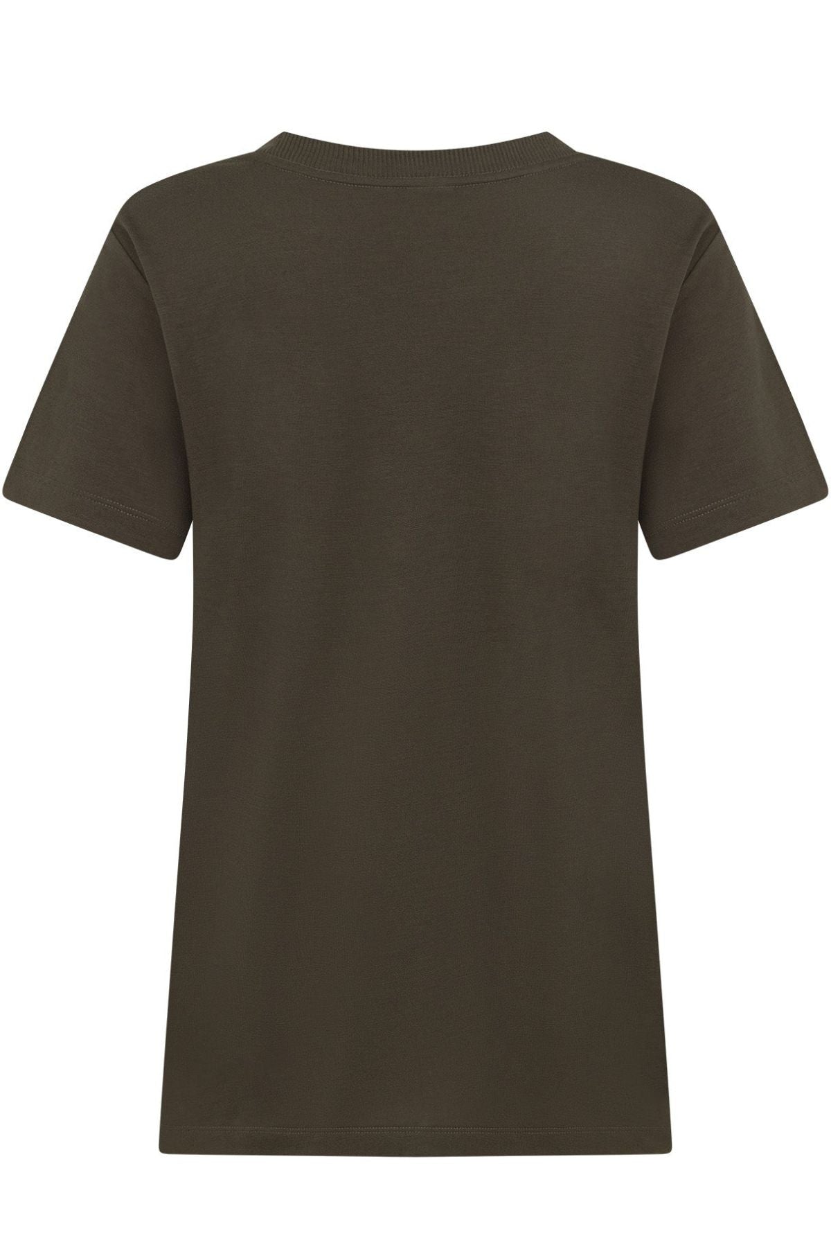 Back view of the Lorna Jane Lotus T-Shirt, a plain, short-sleeved, dark green women's crew neck tee, shown on a white background.