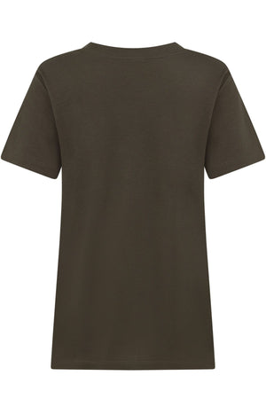 Back view of the Lorna Jane Lotus T-Shirt, a plain, short-sleeved, dark green women's crew neck tee, shown on a white background.