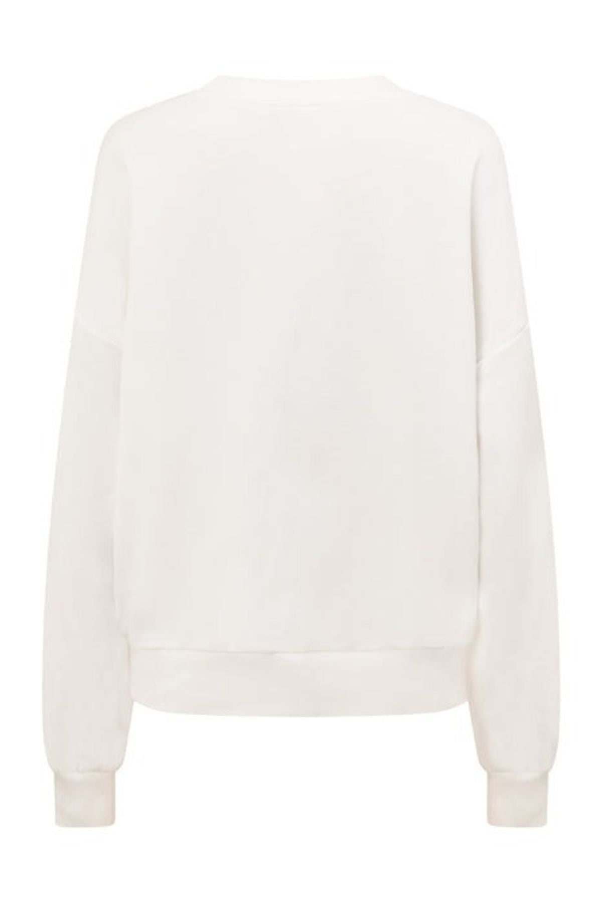 Back view of the Lorna Jane New Sport Sweatshirt in plain white, featuring an oversized fit, crew neckline, ribbed cuffs and hem, and soft cotton terry fabrication, displayed on a white background.