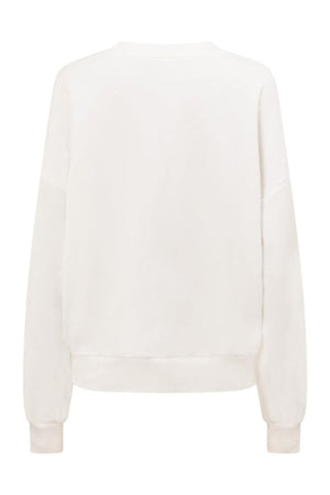 Back view of the Lorna Jane New Sport Sweatshirt in plain white, featuring an oversized fit, crew neckline, ribbed cuffs and hem, and soft cotton terry fabrication, displayed on a white background.