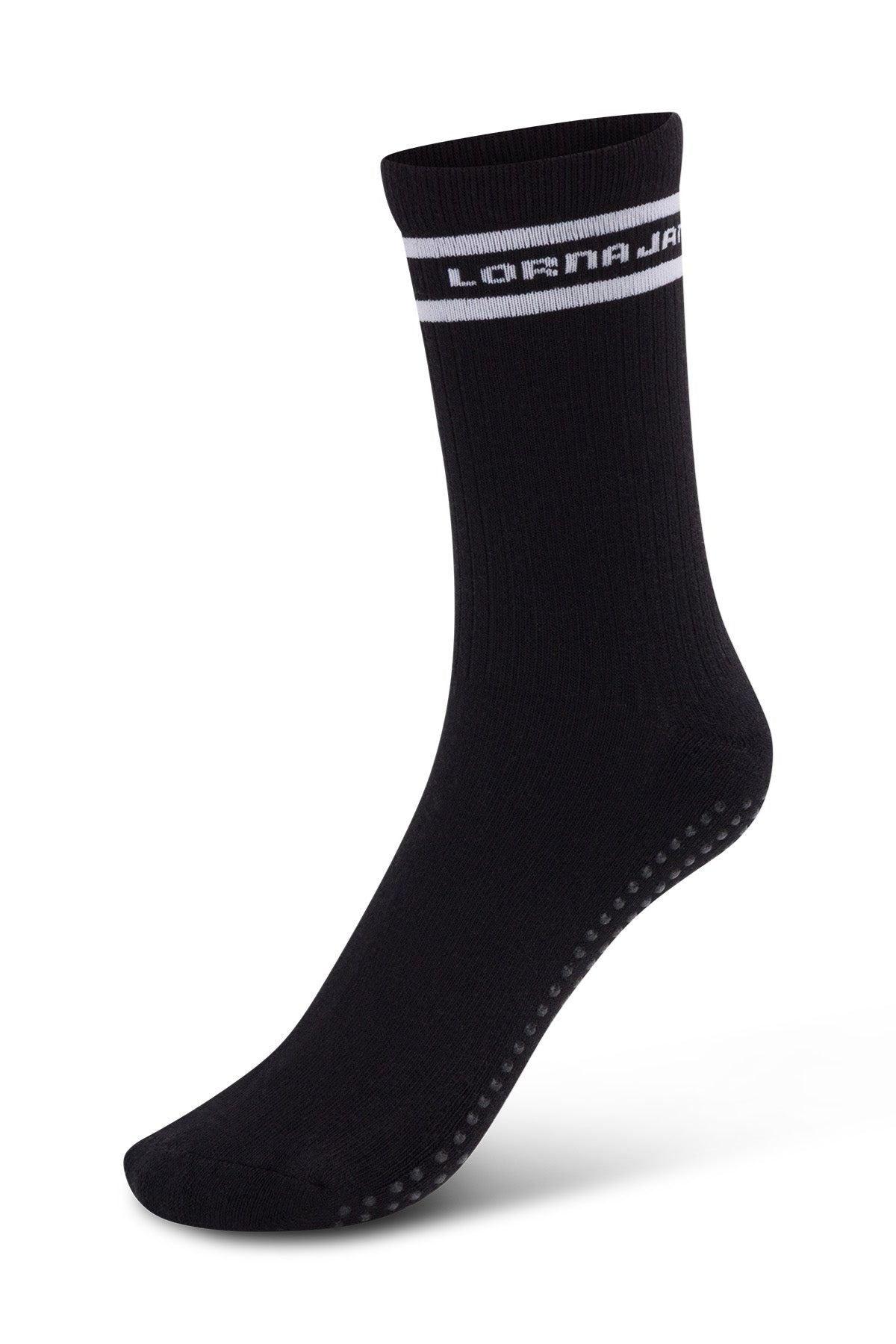 Lorna Jane Pilates Grip Crew Socks in black, featuring white "LAFMAJAR" text and a stripe at the top, ribbed texture, and small non-slip grips on the sole—ideal for Pilates—displayed on a plain white background.