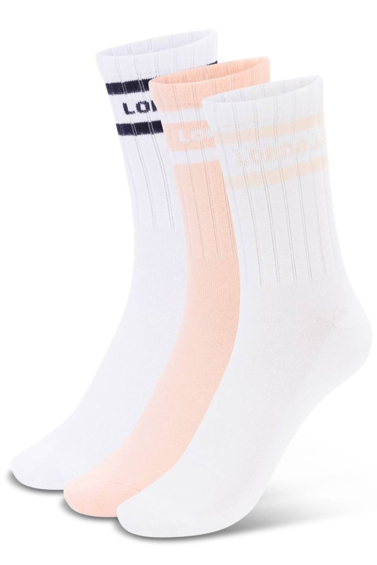 The Lorna Jane Sporty Crew 3pk Socks includes three pairs: white with navy stripes and text, light peach with white stripes and text, and plain white—all featuring ribbed cuffs. These breathable socks are shown on a white background.