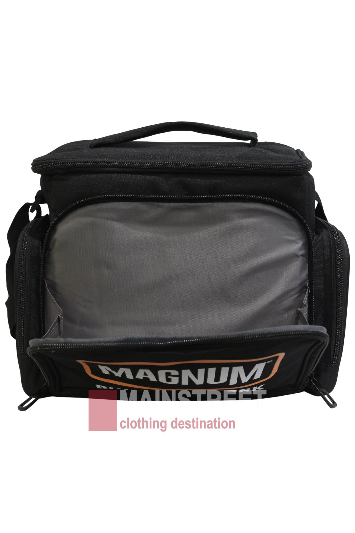 A black Magnum Meal Bag with an open front compartment showing a gray interior. It features side pockets, a top handle, and the front pocket displays the Magnum brand name along with a "clothing destination" label.