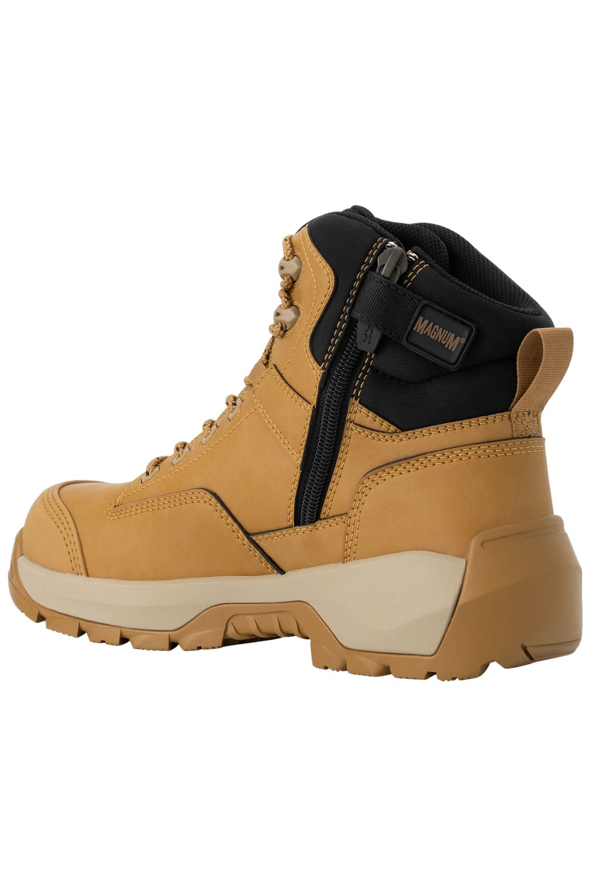 Side view of the Magnum Precision Max 2.0 Zip Side Waterproof Safety Boot MPM2W1 in tan and black, featuring a rugged slip-resistant sole, lace-up front, side zipper, and padded ankle collar.
