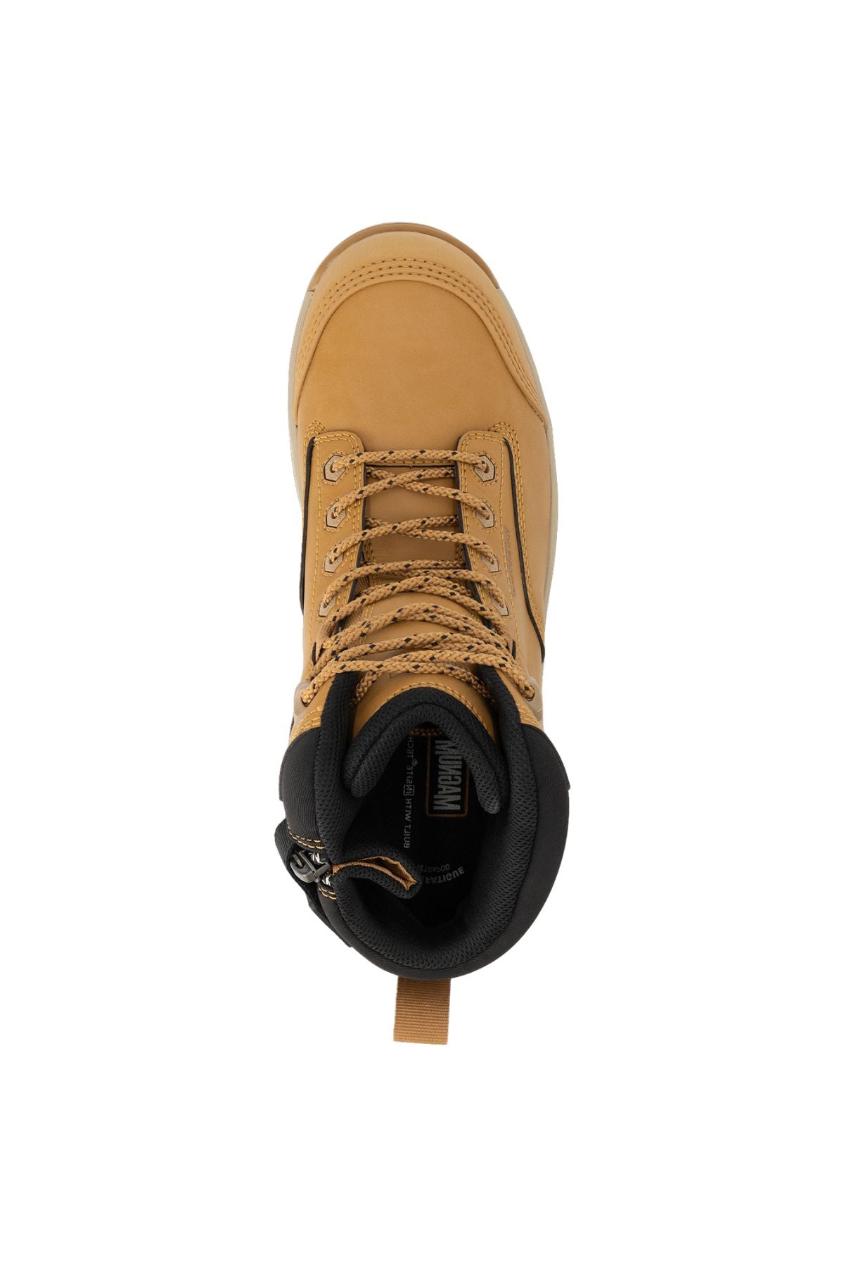 The Magnum Precision Max 2.0 Zip Side Waterproof Safety Boot MPM2W1 is a tan work boot with black padded collar, tan laces, metal eyelets, fabric heel pull tab, slip-resistant sole, black interior lining, and insole branding.