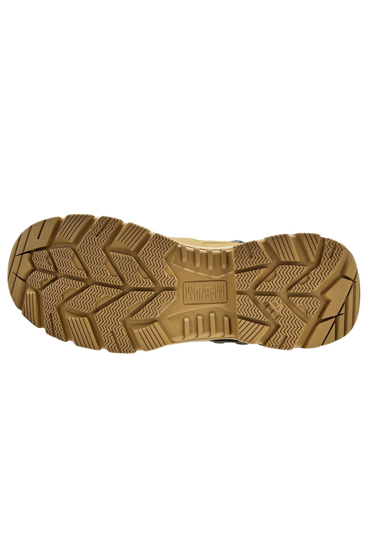 Top view of a tan rubber sole with deep, multidirectional treads and chevron patterns for slip-resistant grip; “MAGNUM” is embossed in the center. From the Magnum Precision Max 2.0 Zip Side Waterproof Safety Boot MPM2W1.