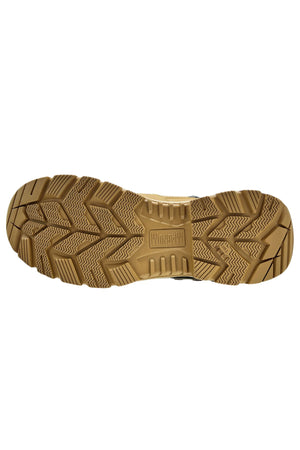 Top view of a tan rubber sole with deep, multidirectional treads and chevron patterns for slip-resistant grip; “MAGNUM” is embossed in the center. From the Magnum Precision Max 2.0 Zip Side Waterproof Safety Boot MPM2W1.