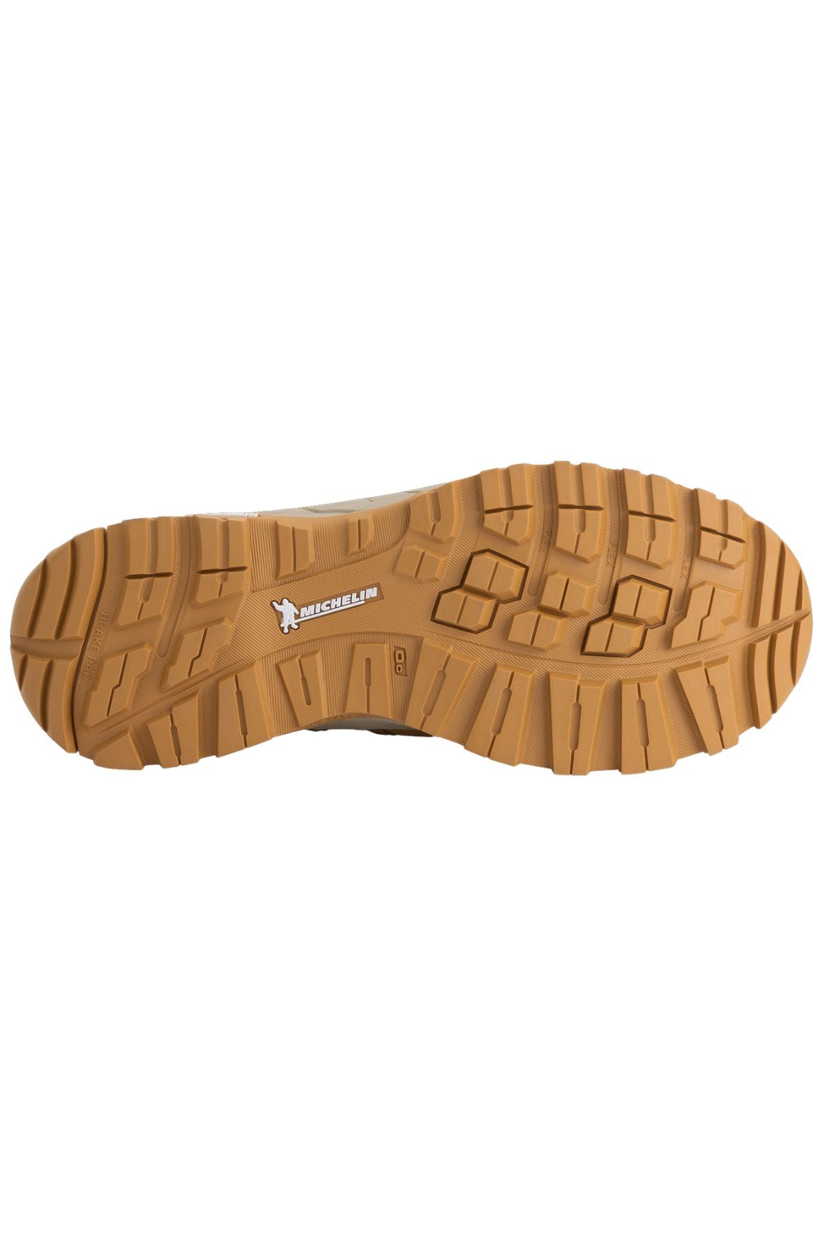 The image shows the bottom of the Magnum Precision Max LiteSpeed 6.0 Zip Side Waterproof Safety Boot MPLS6W, featuring a brown rubber sole with deep rugged treads and a white MICHELIN logo, designed for superior grip and durability.