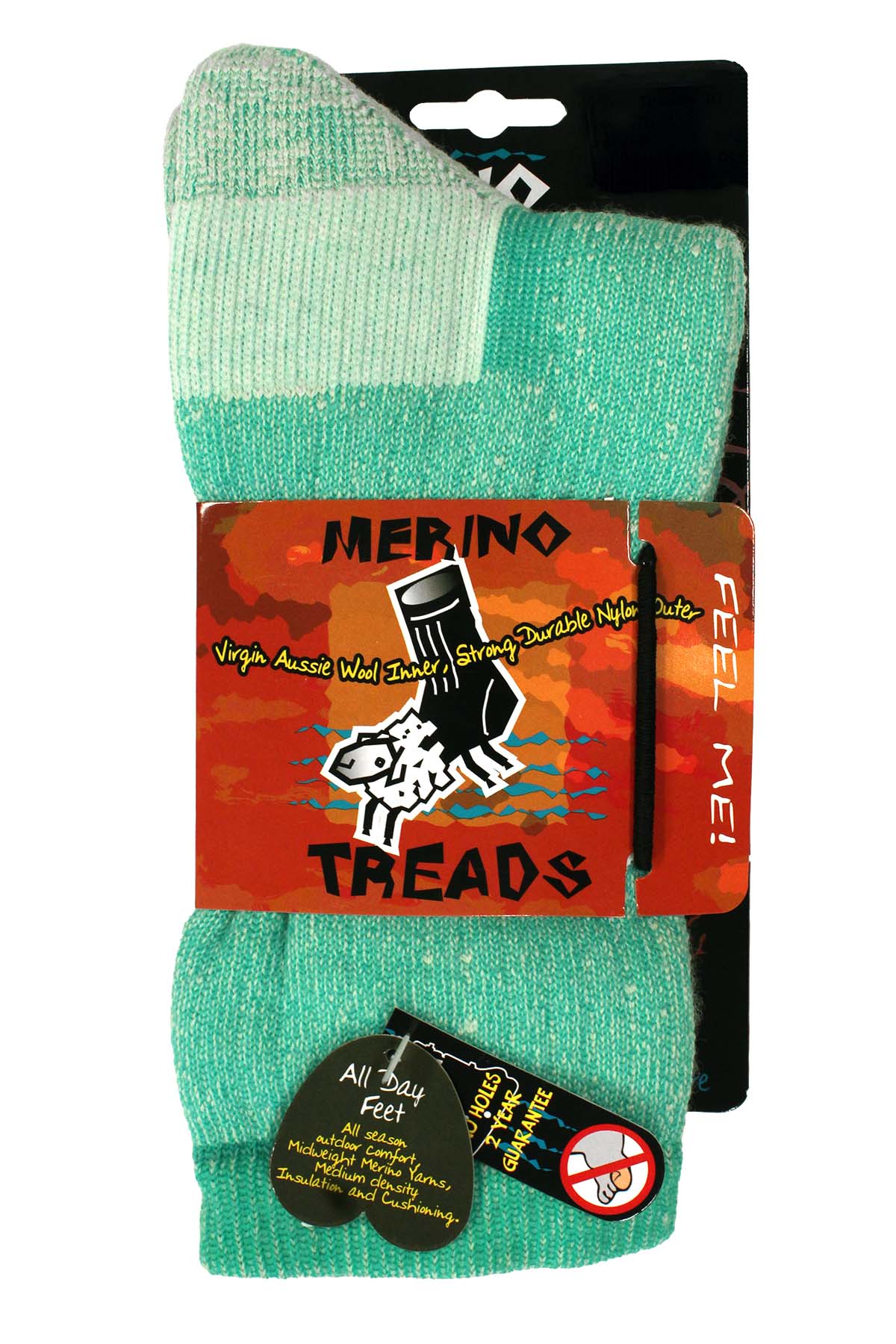 Merino Treads Allday Feet socks in teal feature “Virgin Aussie Wool Inside, Strong Durable Nylon Outside” on the packaging with a cartoon sheep. A tag describes these outdoor socks as “All Day Feet” with extra cushioning.
