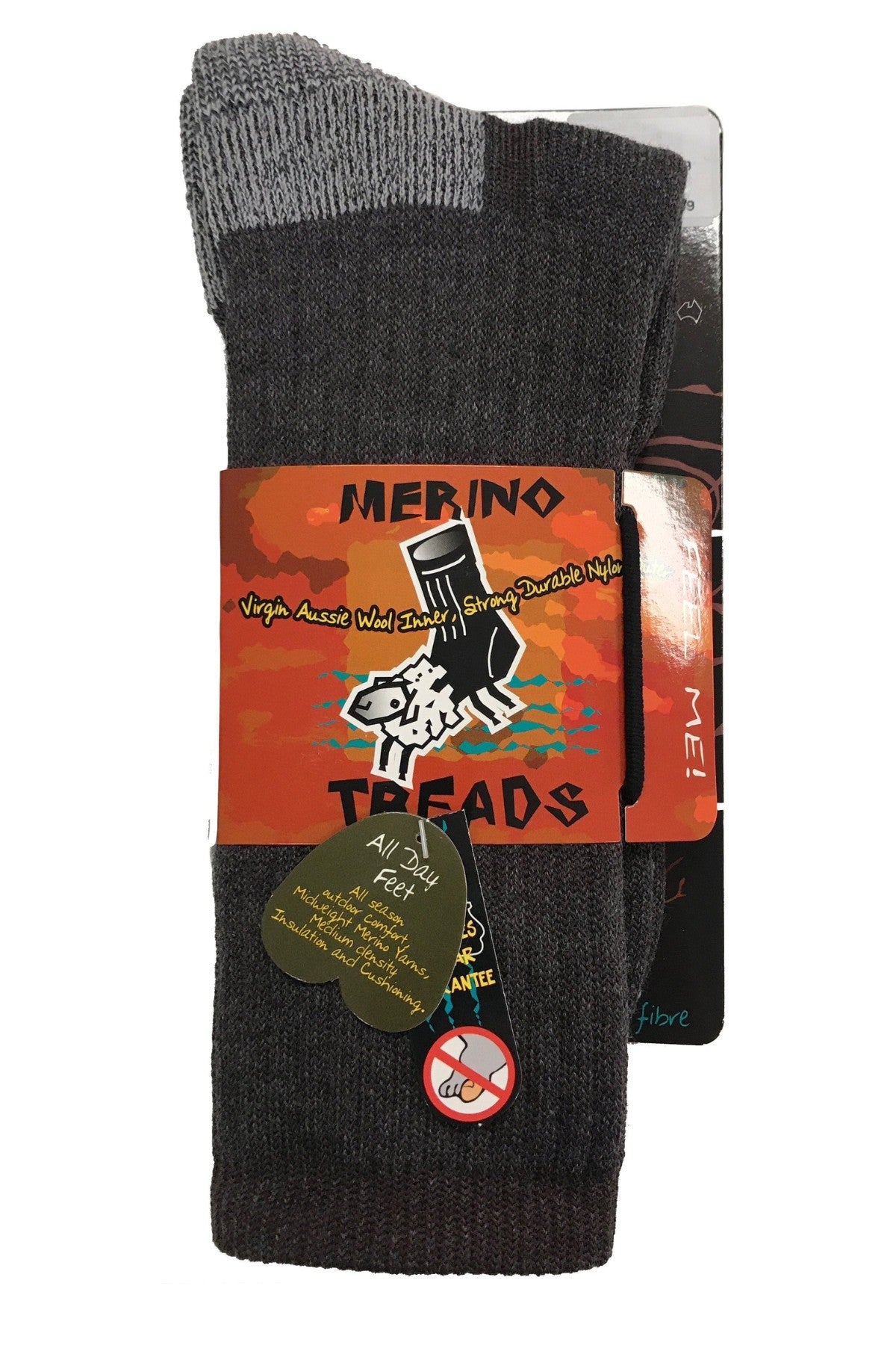 Merino Treads Allday Feet: Dark gray Merino wool socks with a vibrant label showing a sock-wearing sheep. Features virgin Aussie wool, strength, durability, and all-day comfort—perfect Australian-made socks for outdoor work.