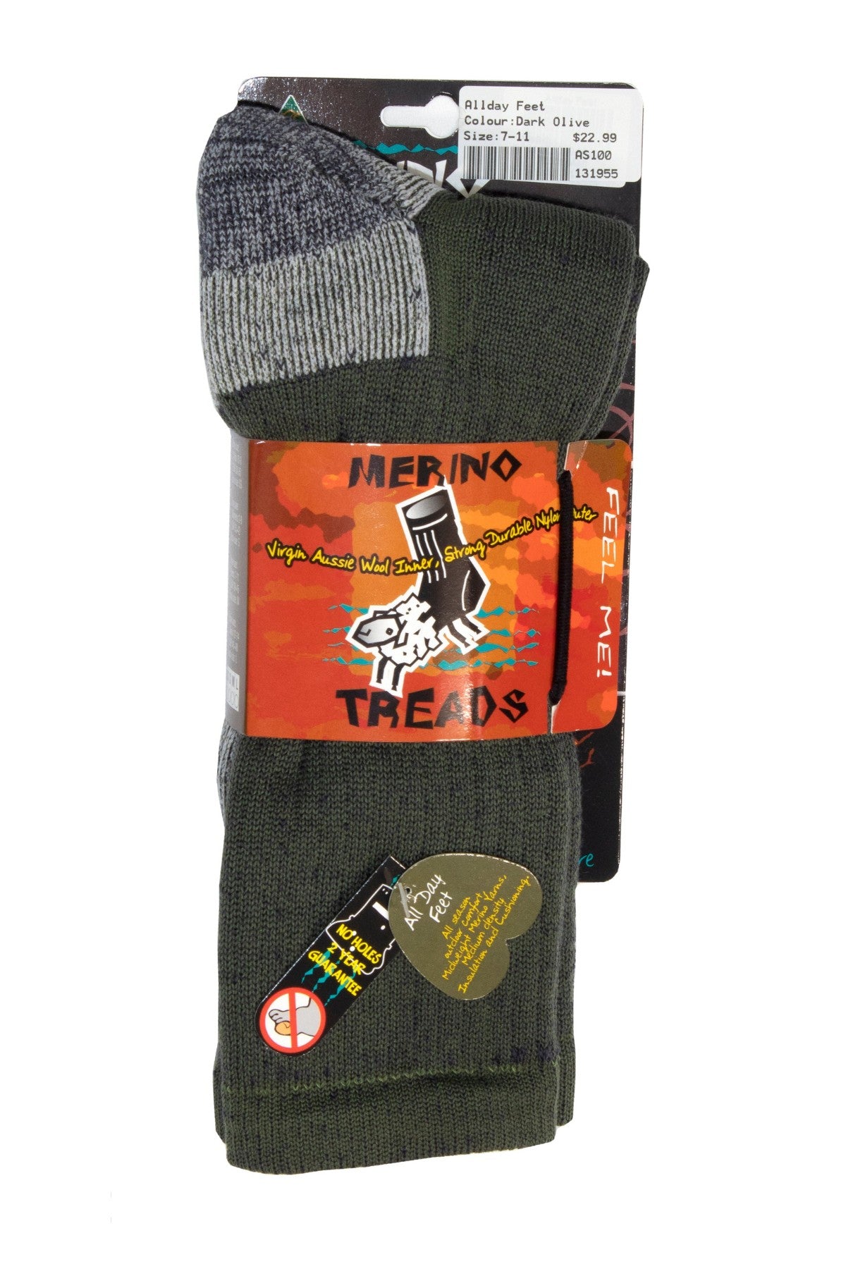 Merino Treads Allday Feet: Dark olive Merino wool socks in packaging with a cartoon sheep logo and tags highlighting Australian made quality, superior merino content, and comfort—ideal as durable work socks.