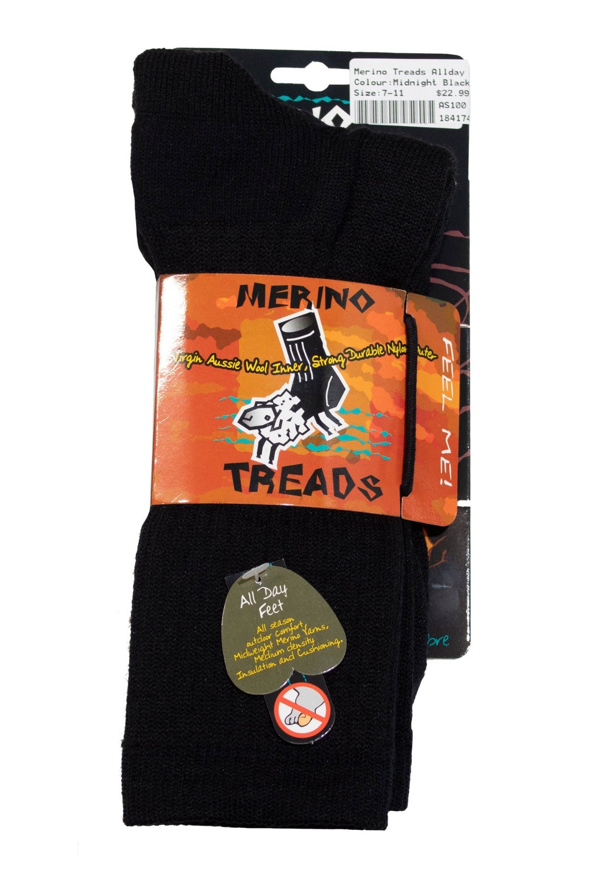 Merino Treads Allday Feet are black Merino wool socks in packaging with an orange label featuring a sheep. A heart-shaped tag emphasizes comfort and breathability. Premium, Australian made.