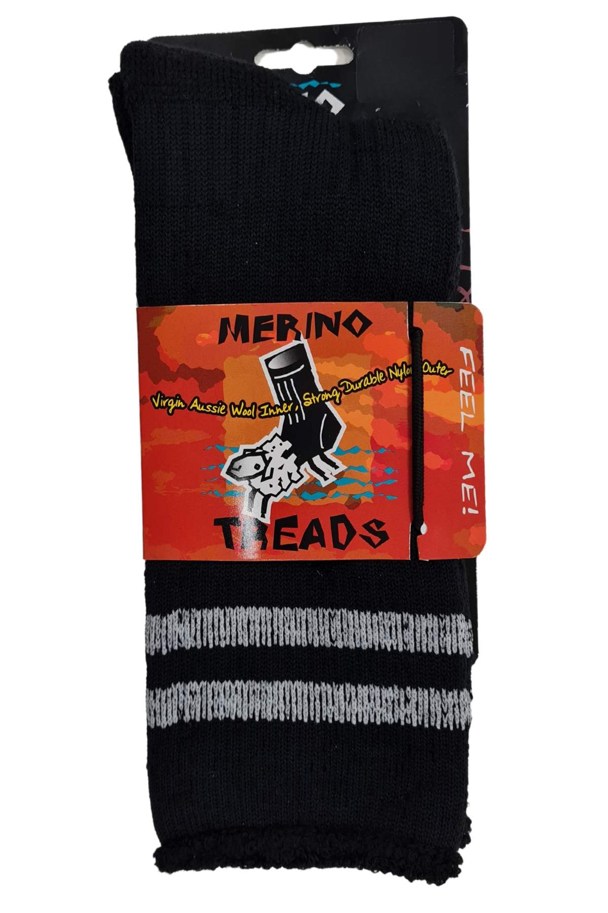 A pair of black Merino Treads Liberty Legs Health Top socks with two gray stripes, crafted from soft Merino wool. The packaging displays a sheep logo, bold text, and promotes “Merino Treads” as Australian Made and durable.
