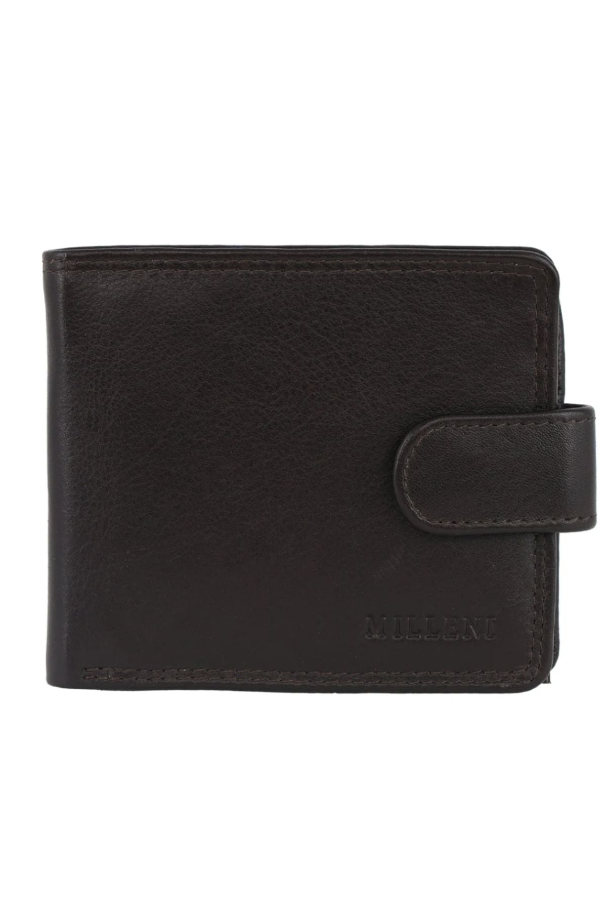 A closed Milleni Wallet crafted from dark brown genuine leather, featuring a snap button strap and the embossed word “MILLENNIUM” in the lower right corner. This wallet includes multiple card slots for enhanced organization and convenience.