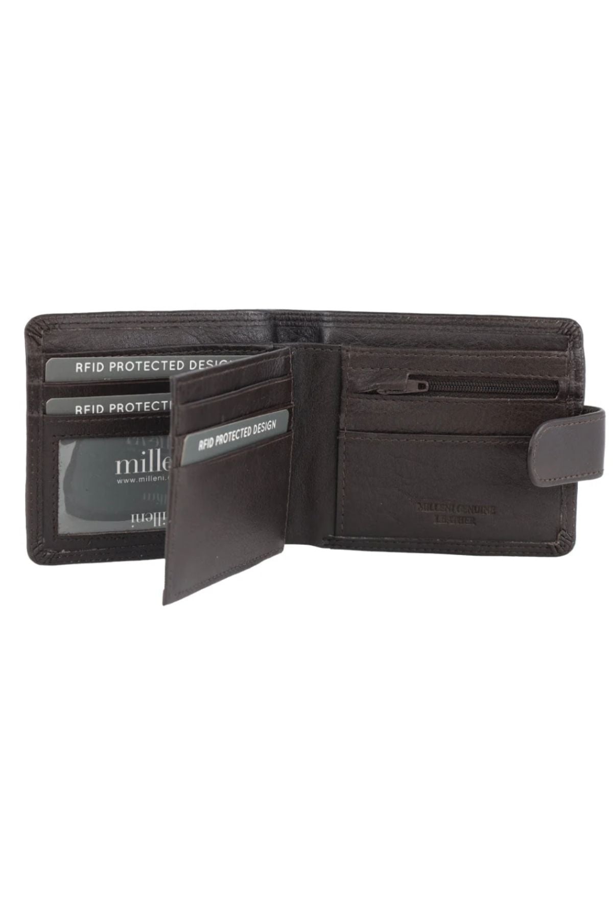 Introducing the Milleni Wallet—an open brown genuine leather wallet designed with multiple card slots, a clear ID window, a zippered coin pocket, and an RFID-protected label visible on the inside.
