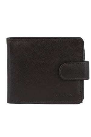 A closed Milleni Wallet crafted from dark brown genuine leather, featuring a snap button strap and the embossed word “MILLENNIUM” in the lower right corner. This wallet includes multiple card slots for enhanced organization and convenience.