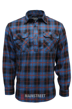 The Milton Closed Front Flannelette Shirt in blue, black, and red features high quality cotton, a collar, double chest pockets with button flaps, and a partial button-down front. Displayed on a plain white background.