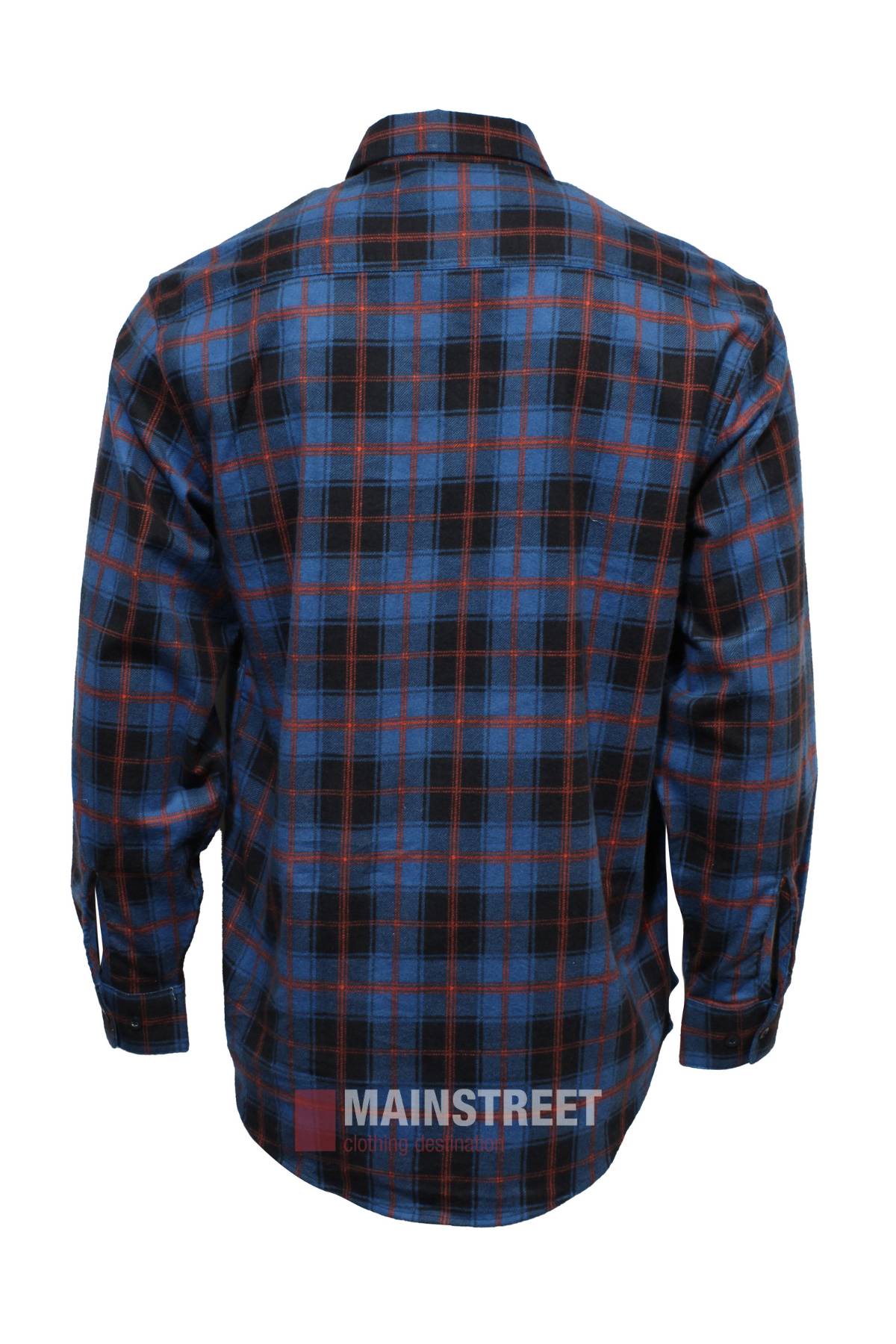 A back view of the Milton Closed Front Flannelette Shirt, a high quality cotton long-sleeve button-up in blue, black, and red plaid, shown on a mannequin against a white background.