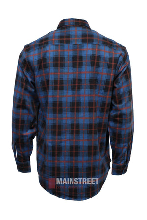 A back view of the Milton Closed Front Flannelette Shirt, a high quality cotton long-sleeve button-up in blue, black, and red plaid, shown on a mannequin against a white background.