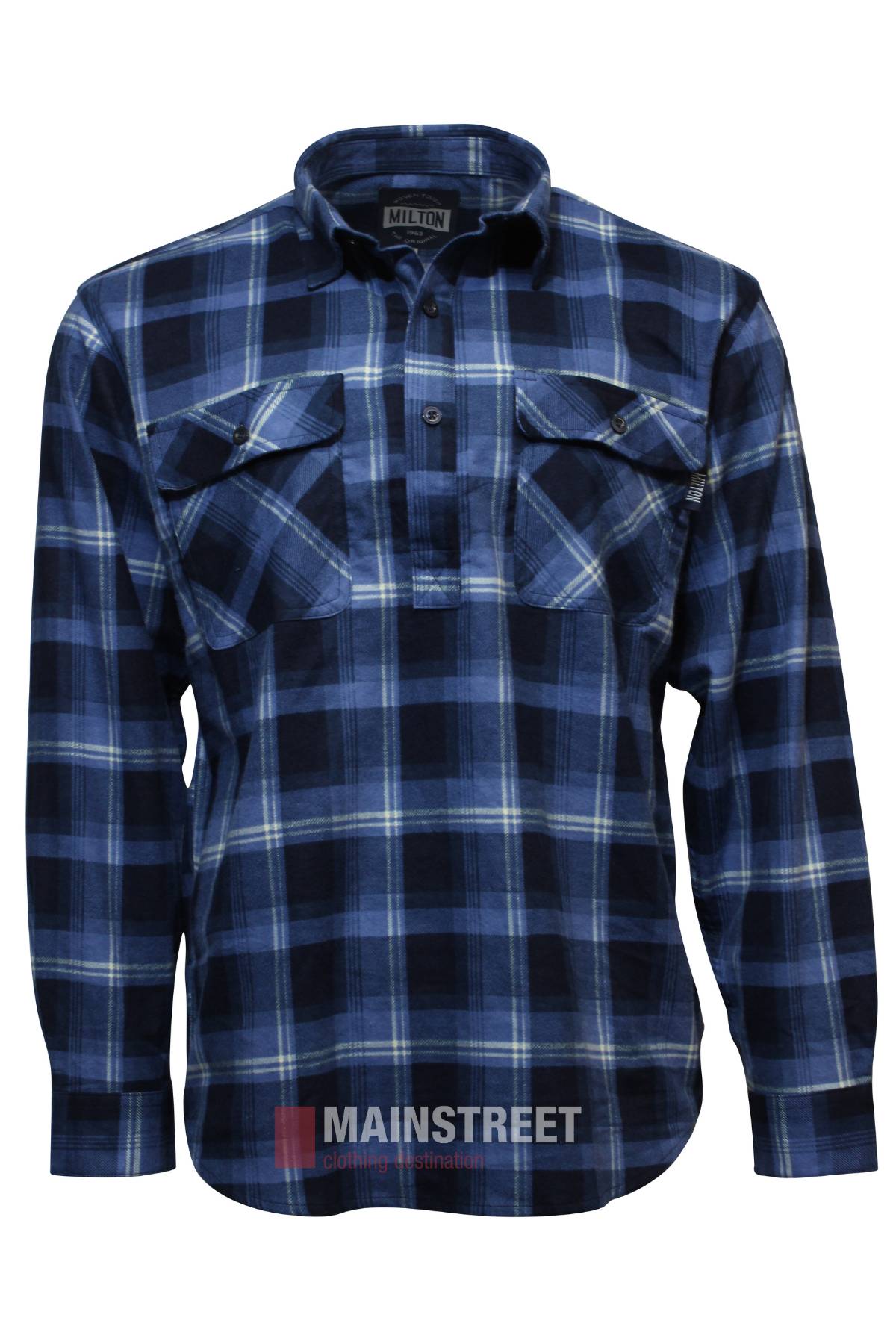 The Milton Closed Front Flannelette Shirt in blue and black plaid features chest double pockets, a collar, long sleeves, high-quality cotton fabric, and a partial button placket. Displayed on a white background.