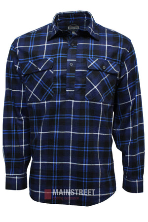 The Milton Closed Front Flannelette Shirt is a long-sleeve blue, black, and white cotton shirt with a collar, button-down chest pocket flaps, and "Mainstreet" branding. Shown buttoned halfway on a plain white background.