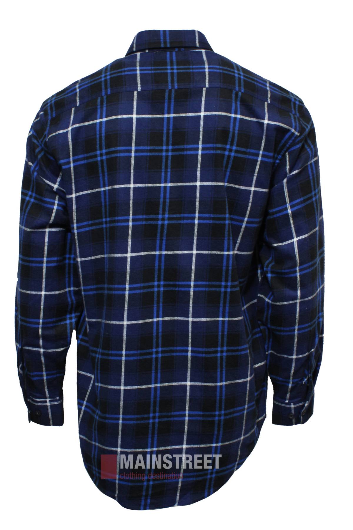 The Milton Closed Front Flannelette Shirt features high-quality cotton in a blue, black, and white plaid. Shown from the back, it has long sleeves, a collar, and buttoned cuffs for classic style.