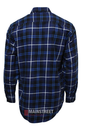 The Milton Closed Front Flannelette Shirt features high-quality cotton in a blue, black, and white plaid. Shown from the back, it has long sleeves, a collar, and buttoned cuffs for classic style.