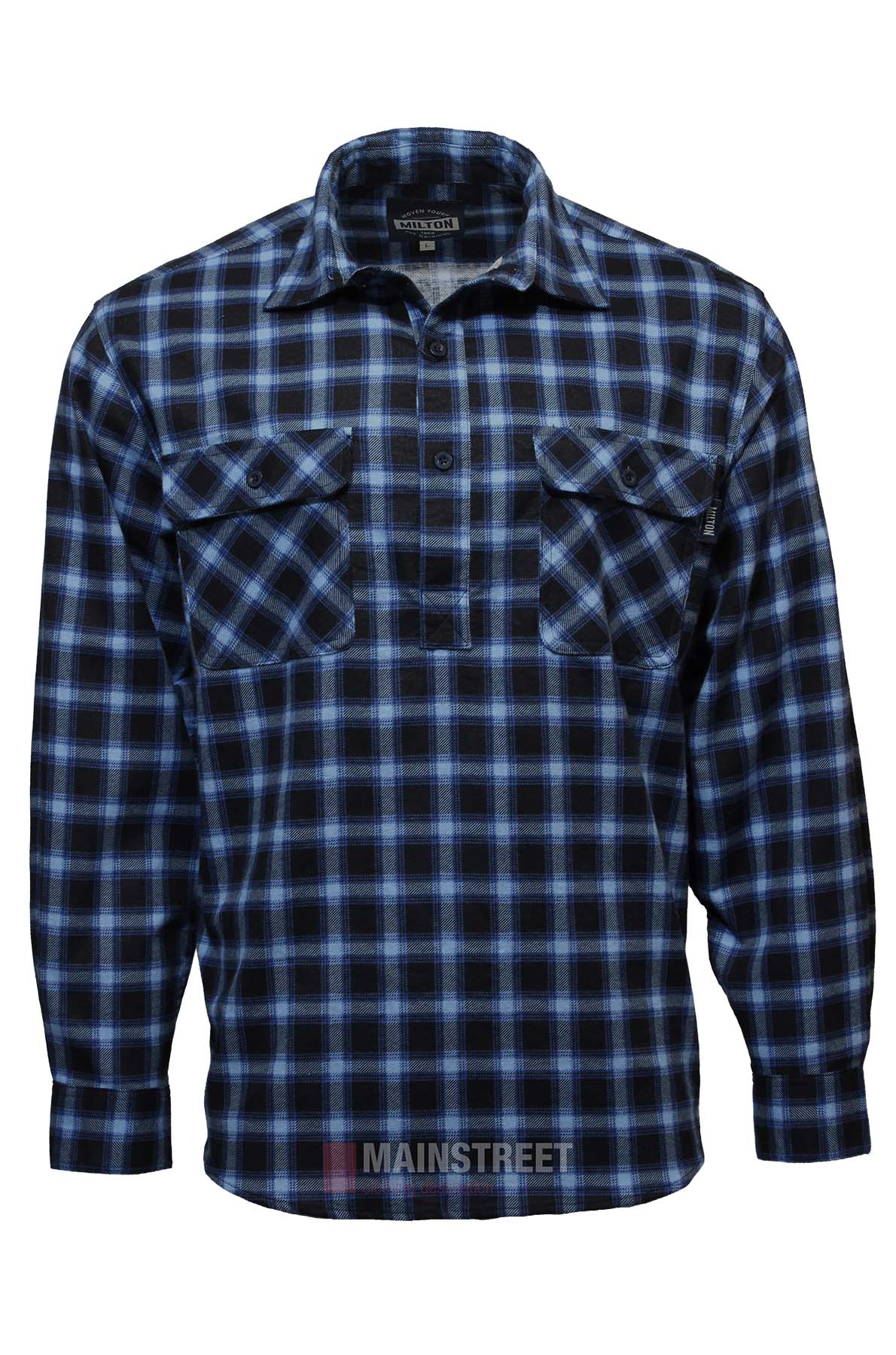 The Milton Closed Front Flannelette Shirt is made from high quality cotton and features a blue and black plaid pattern, double chest pockets with buttoned flaps, and a closed front design.